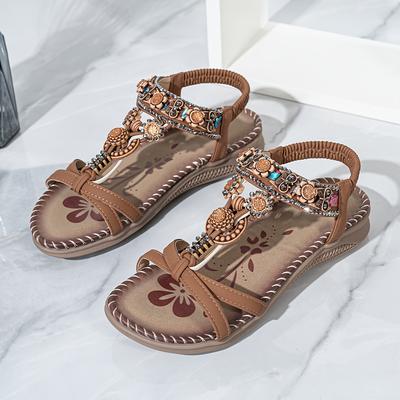 TEMU Women's Boho Chic Slip-on Flat Sandals With Beaded & Rhinestone Accents, Open Toe Tpr Sole Casual In Brown, Decorative Braided Straps, Comfortable For Wear, Ladies Sandals Image