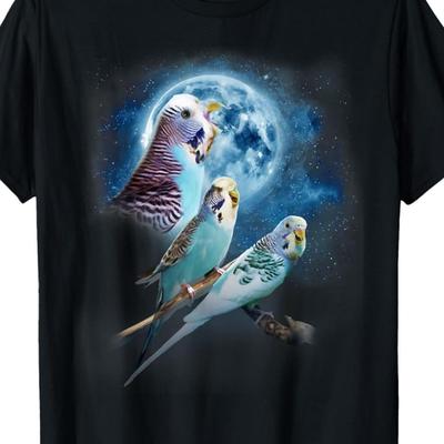 TEMU Men's Vintage Budgies At Moon Graphic T-shirt - 100% Cotton Soft Round Neck Short Sleeve Tee With Print, Casual Fit For Casual Attire, Everyday Tshirt | Vintage Graphic Tee | Cotton Tshirt Image