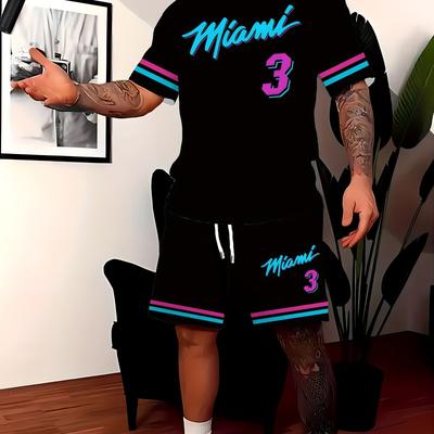 TEMU Men's 3d Print T-shirt And Drawstring Shorts, Miami 3 , 2 Piece Suit For Leisure And Outdoor Sports. Image