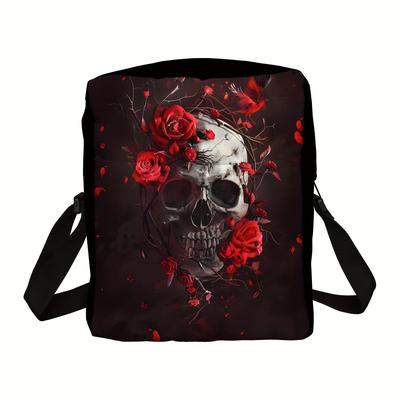 TEMU Stylish Gothic Skull & Rose Crossbody Bag For Women - Durable Polyester, Adjustable Strap, Zippered Main Compartment, Daily , Hiking & Work, Shoulder Bag Image