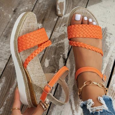 TEMU Women's Woven Design Sandals With Adjustable Ankle Strap & Thick Platform Wedge Heel - Breathable Cover Open-toe Summer , For Vacation, , And Warm Weather, Durable Rubber Sole, Strappy Sandals Image