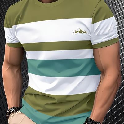 TEMU Men's 3d Striped Print T-shirt - Casual Sporty Round Neck Short Sleeve, 100% Polyester Knit Fabric, Machine Washable - White And Blue, Sports Tee | Striped | Polyester Fiber Image