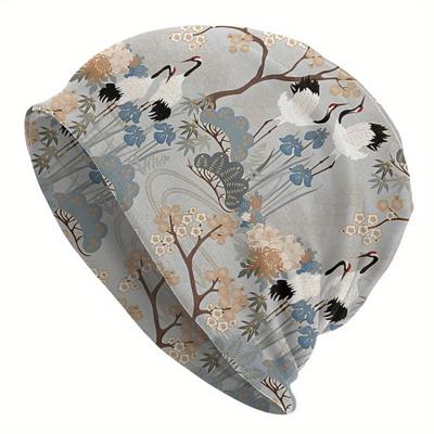 TEMU Biihudu Men's Japanese Garden Crane Floral Print Beanie Hat - Stretchy Polyester-spandex Blend, Streetwear Hip-hop Ski Cap For Cold Weather, Gray Image