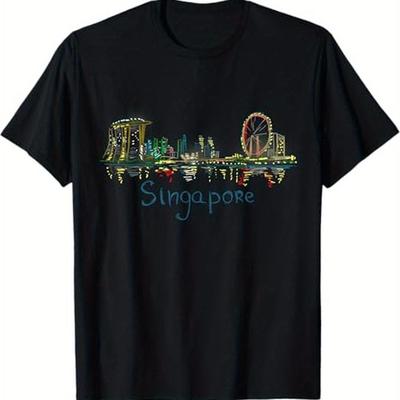 TEMU Mens 100% Cotton Singapore Graphic T-shirt U2013 Fun And Trendy Short Sleeve Tee With Iconic Cityscape Design, Black, Sizes S-xxxl, Casual Wear, Gifts, And Everyday Image