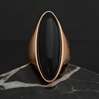 TEMU Elegant 18k Gold-plated Stainless Steel Ring With Black Gemstone - Perfect Gift For Her, Wear Image