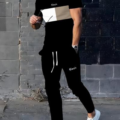 TEMU Men's Polyester Sports Suit | Elegant Casual Round Neck | Slightly Elastic Knit With 3d Print | Normal Version 2pcs Set | Pattern Short Sleeve T-shirt And Long Pants Image