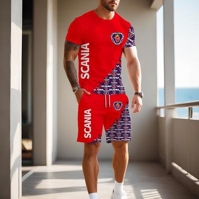 "TEMU Men's Casual Summer Shorts And T-shirt Set - , Quick-dry Fabric, Short Sleeve Pullover Tee With "" Logo, Comfortable Shorts For Casual Attire, Casual Attire||quickdry Fabric" Image