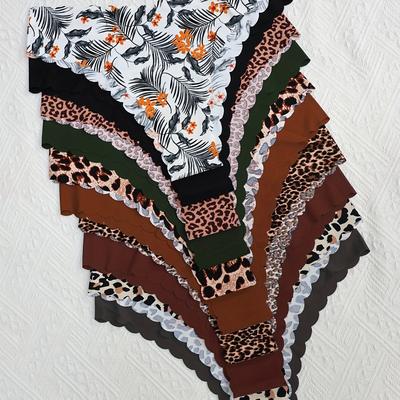 TEMU 10-pack Women's Sexy Leopard Print Wave Pattern Briefs, Mid-rise Knit Fabric Underwear, Breathable Comfortable Polyamide 75% Elastane 25%, 165gsm, Multi-pack Image