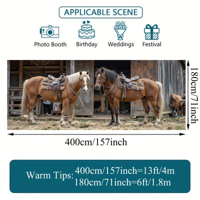TEMU 2d Door Banner, 1pc Western Horse Garage Door Banner - Vibrant Outdoor Decoration With Brown Horses & Rustic Wooden Background, Large Polyester Fabric Cover, For Weddings, Parties, And Image