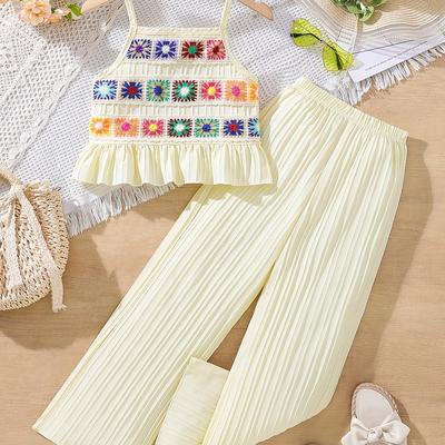 TEMU Spring/summer New Elegant And Versatile Design Ruffle Hem Sleeveless Top With Matching Simple And Trendy Pants For Young Girls, Comfortable Set, For Outdoor Image