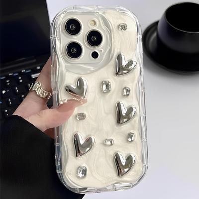 TEMU Cream Curved Three-dimensional Gem Electroplating Love Anti-fall Protective Cover Mobile Phone Case, Suitable For Iphone 11 12 13 14 15 16pro Series Mobile Phone Case Image