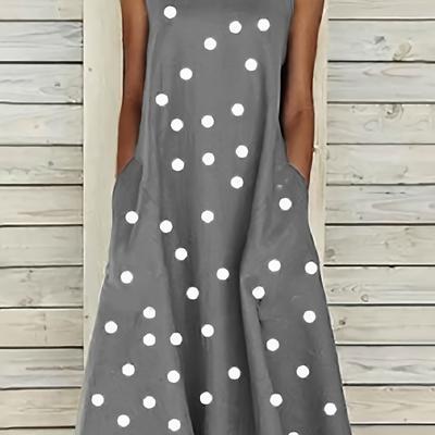 TEMU Women's Casual Summer Dress With White Polka Dots - Sleeveless, Peplum, Long Length, Casual Vacation Attire, Casual Vacation Attire|peplum |pocket Detail Image