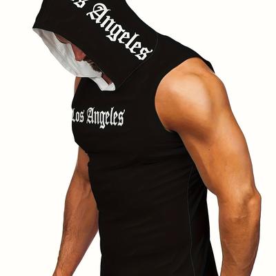 TEMU Men's Summer 2025 New Hooded Tank Top, 3d Print Quick-dry Sleeveless Shirt, Breathable Polyester 100%, Asymmetrical Hem, Casual Sports Pullovers For Gym, Hiking, Jogging, Yoga, Running - Black Image
