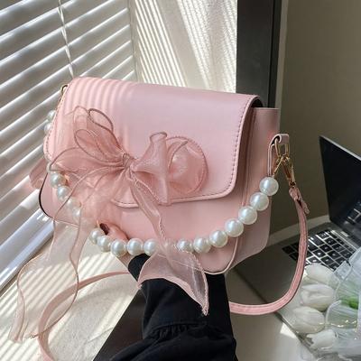 TEMU Chic Mini Square Crossbody Bag For Women - Pearl & Bow Decor, Pink Pvc/, Magnetic Closure, Elegant Shoulder Handbag With Polyester Lining, Purse Image
