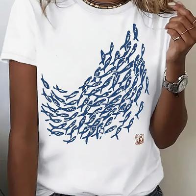 TEMU 1pc Women' Short Sleeve T-shirt With Blue Fish Print Retro , Casual Fit, Machine Washable, Versatile Casual Attire, Birthday & Holiday Gift For Women & Young Image