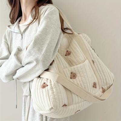 TEMU Stylish White Quilted Boston Bag With Detachable Shoulder Strap & Wrist Strap - Large Capacity Lightweight Travel Tote, Zipper Closure, Durable For Casual , Work, Weekend Trips Image