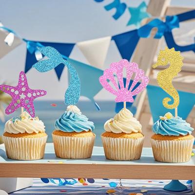TEMU 24pcs Mermaid Cupcake Toppers Pool And Beach Party With Shell Seahorse Starfish Mermaid Tail Cupcake Picks Shower Under The Sea Mermaid Theme Birthday Party Cake Decorations Supplies Image
