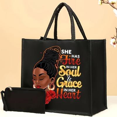TEMU Elegant Women's Tote & Coin Purse Set - Chic Printed Fabric Handbag With Magnetic Closure, Burlap Shopper Bag, Lightweight Travel Beach Bag, 2pcs Image