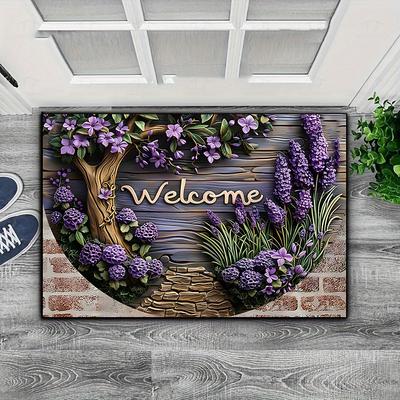 TEMU 1pc Lavender Welcome Door Mat, Machine Washable, With Bright Purple And Green Lavender Design, Suitable For Farmhouse, Porch, Kitchen And Image