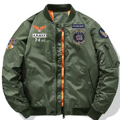 TEMU Men' Color Casual Polyester Zipper Stand Collar Coat, Non-stretch Woven, 400g/㎡, Regular Fit, For Spring/fall, Aviation Pilot Image