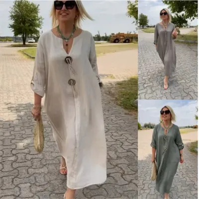 2025 Autumn Solid Maxi Dresses For Women Casual Loose Long Sleeve V Neck Button Streetwear Vacation Basic Dress Vestido Elegante