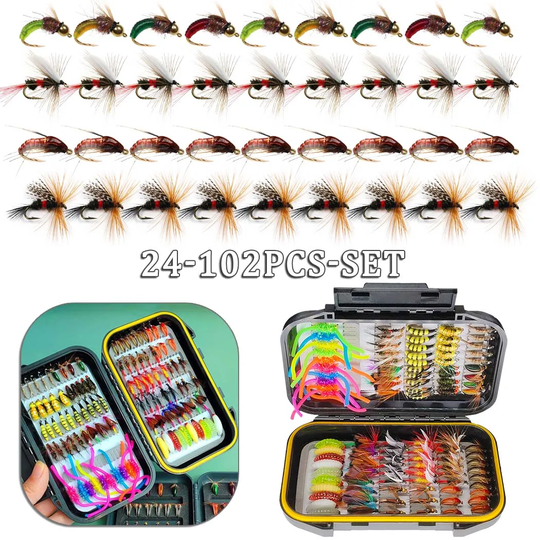 24–102 Stück Fliegenfischen-Fliegen-Sortiment-Set für Barsch, Forelle, Lachsfischen, Nyphm/Streamer/trockene nasse Fliegen + Fliegenbox Image
