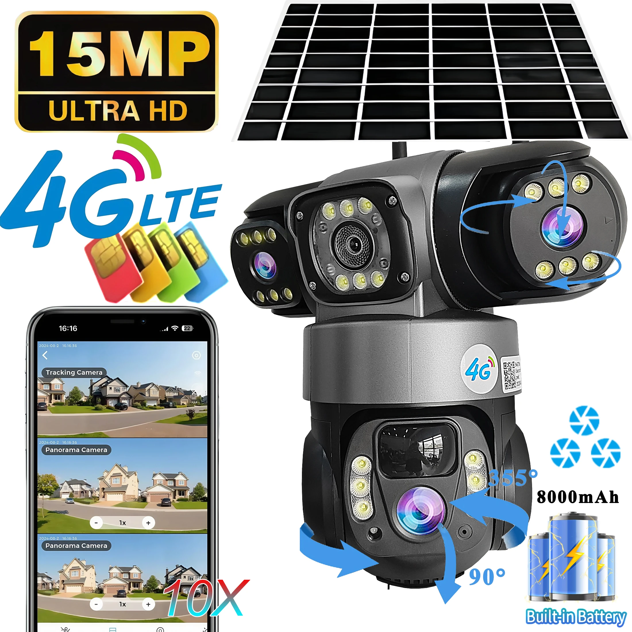V380 Pro 3-Objektiv-IP-Solarkamera HD 15 MP wasserdichte CCTV-Nachtsicht-Zwei-Wege-Audiokamera für den Außenbereich, mobile Verfolgung, 4G-IP-Kamera Image