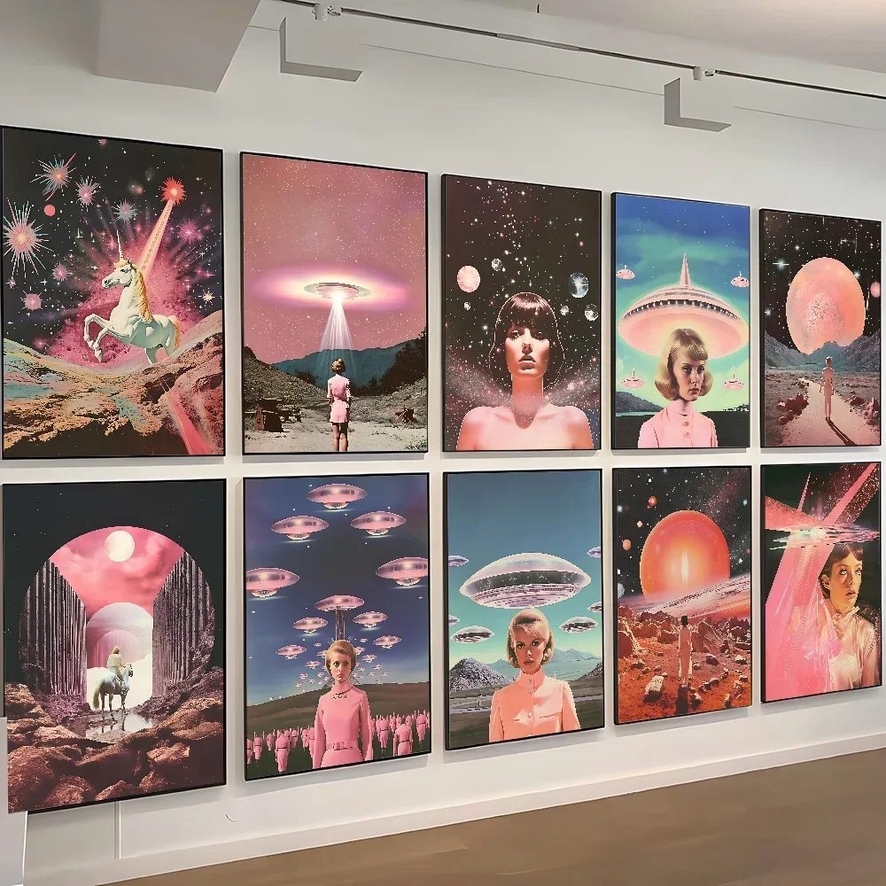 1pc Vintage Psychedelic Rosa Alien UFO Mit Frau Poster Selbst-klebe Kunst Wasserdichte Papier Aufkleber Haus Bar zimmer Wand Dekor Image