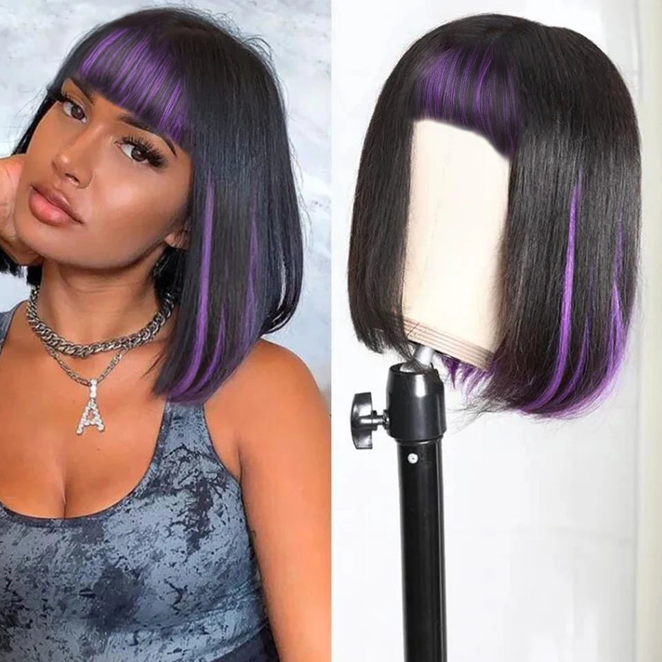Lila Ombre Bob Gerade Perücken Kurze BOB Echthaar Perücken Mit Pony Mix Farbe Bob Pony Perücken P1B/27 Highlight Perücken Für Party