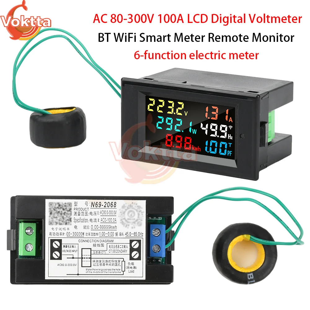 AC 80-300V 100A LCD Digital Voltmeter Energiezähler Leistungstester Spannung Strommesser Bluetooth WiFi Smart Meter Fernüberwachung Image
