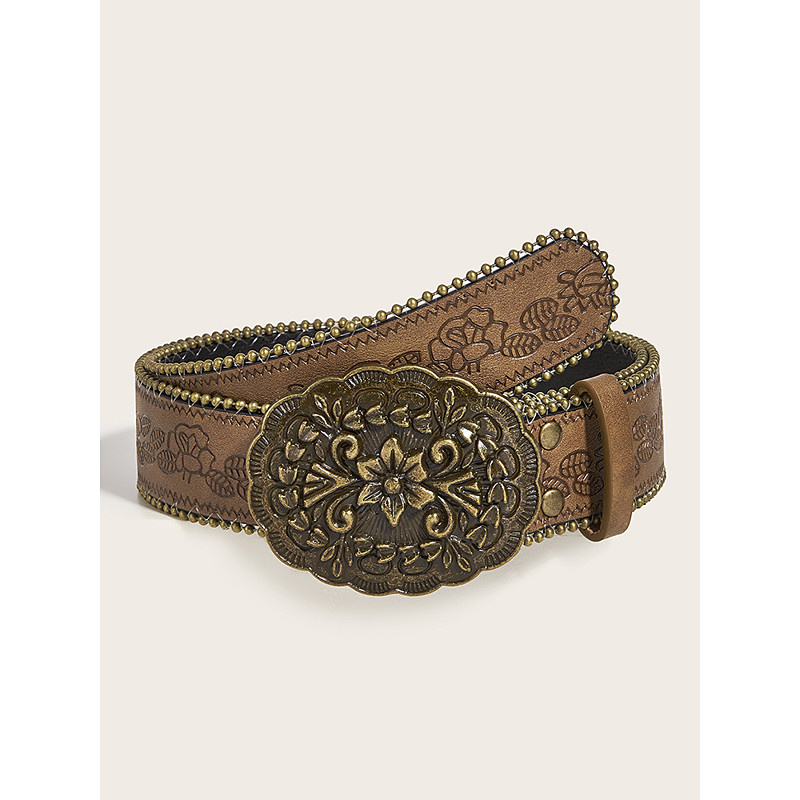 Women's Boho Floral Engraved Wide Leather Belt – Vintage Western Style with Antique Gold Flower Buckle, Adjustable Waistband for Dresses, Festivals and Daily Wear