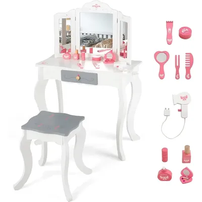 Kids Vanity, 2 in 1 Princess Makeup Desk and Stool Set with Tri-Folding Detachable Mirror 10