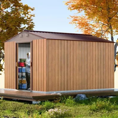 Outdoor Storage Shed 10x8x6 FT - Steel Tool Storage with Sliding Door and Air Vents - Metal Shed for