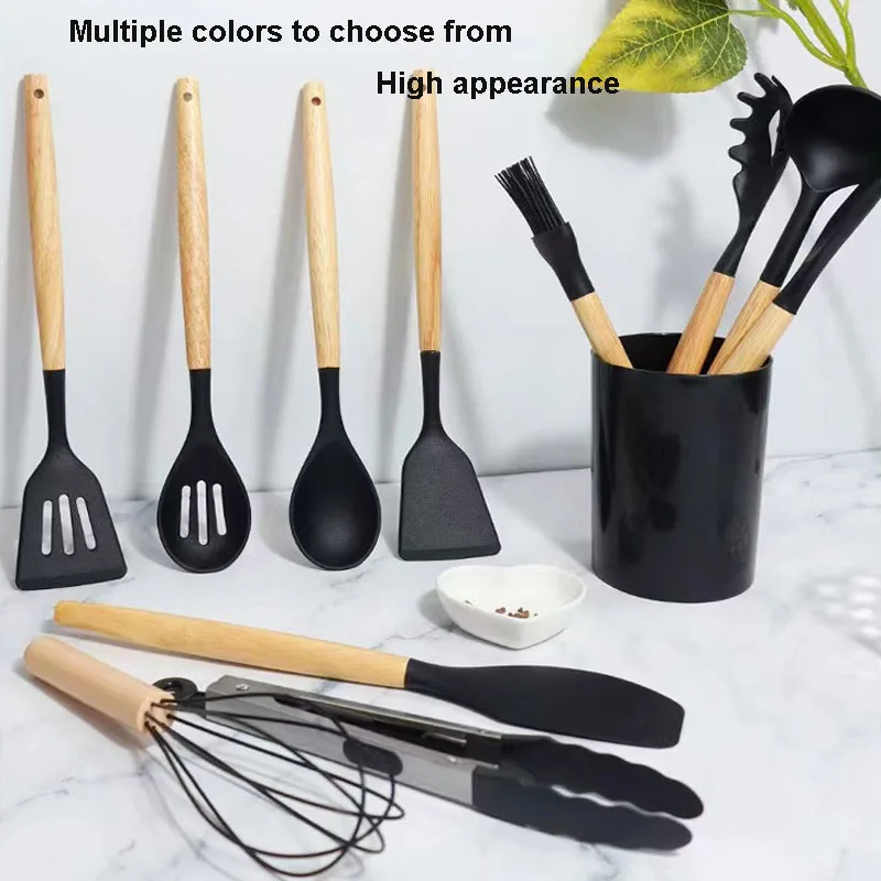 Ustensiles de cuisine en Silicone, manche en bois, Pot antiadhésif, ensemble d'ustensiles de cuisine, seau de rangement, ustensiles de cuisine en Silicone 12 pièces