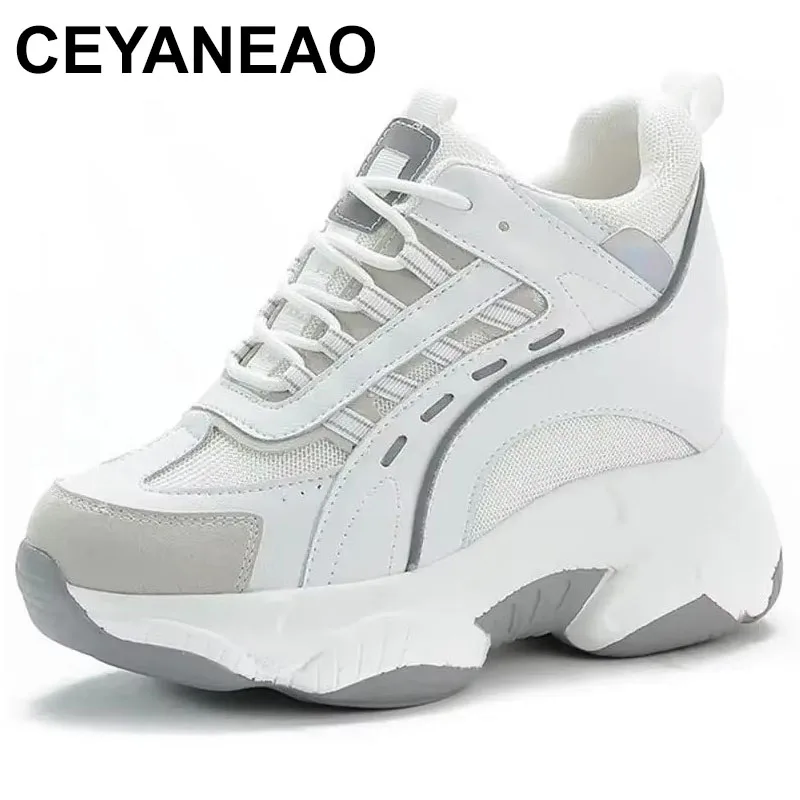 2025 Plateau-Keil-Sneaker, klobige Schuhe, Papa, echtes Leder, 9 cm Absatz, erhöhte Höhe, vulkanisierte Schuhe, Stiefel