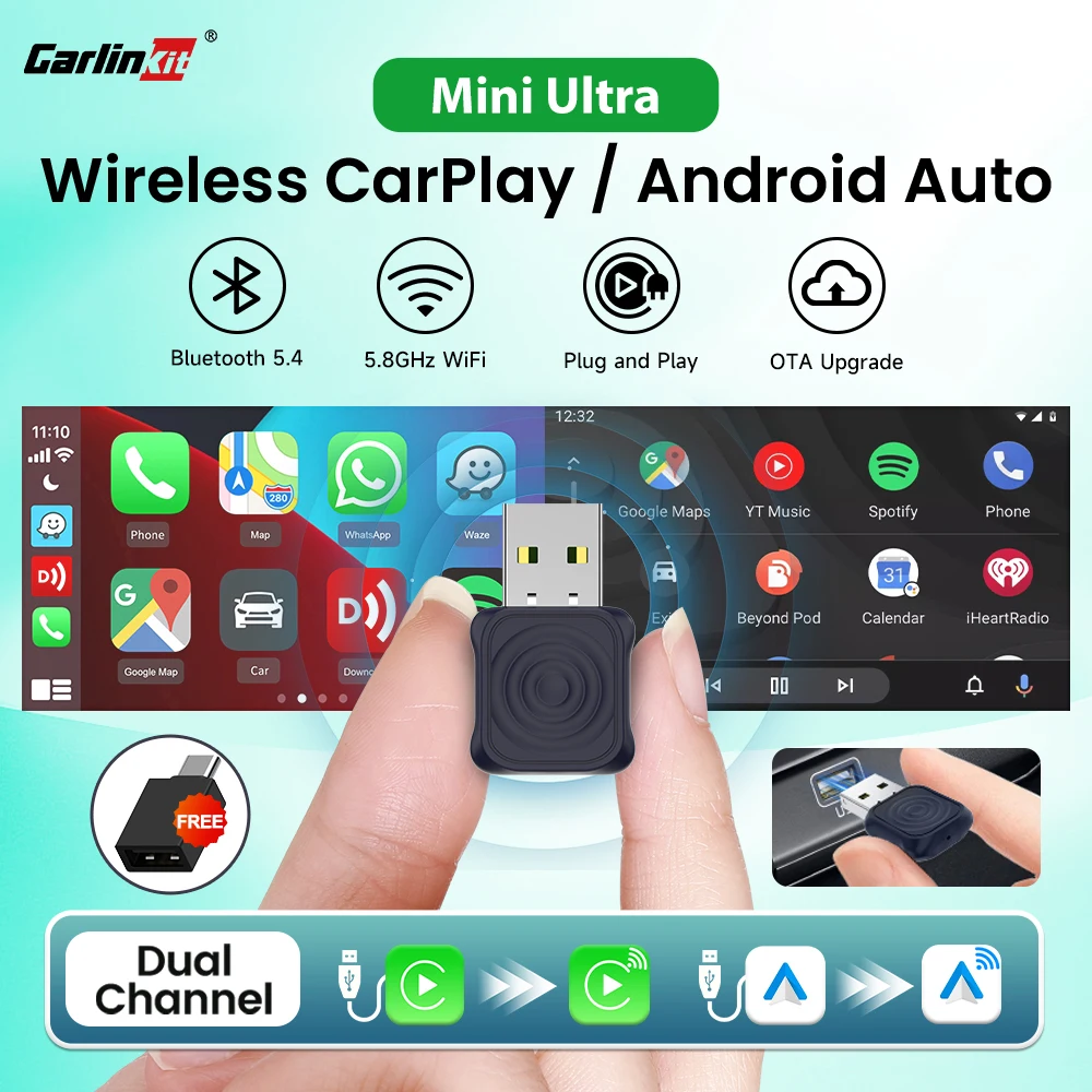 Carlinkit 2-in-1 kabelloser CarPlay-Adapter, kabelloser Android-Auto-Adapter, automatische Verbindung für Mazda, Subaru, Citroen, Audi, Mercedes, Kia Image