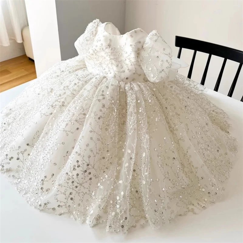 Baby Kinder Prinzessin Pailletten Tüll Schleife Blumenmädchen Kleid Kinder Erstkommunion Kleid Ballkleid Hochzeit Party Kleid Geburtstag Image