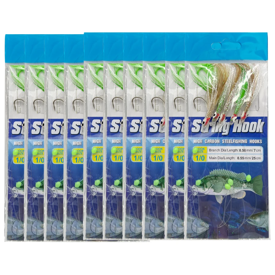 Weiche Angelköder-Rigs mit hohem Kohlenstoffgehalt, 10 Packungen Oktopus-Angelköder, 5 Haken/Packung, Salzwasser-Schnurhaken, leuchtende Perle Image