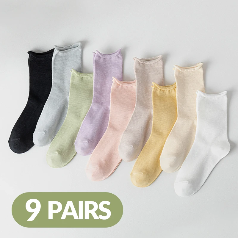 9 Paar einfarbige Socken aus Baumwolle im Frühjahr und Herbst für Frauen, Sommer flors ocken im Mesh-College-Stil, Mittel rohrs ocken Image