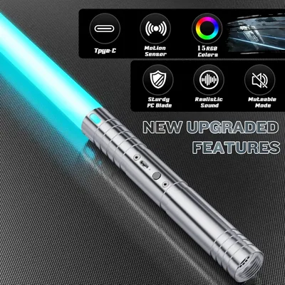 Lightsaber, metal handle, 15 colors switching, USB charging, 3 modes, percussion sound effect,