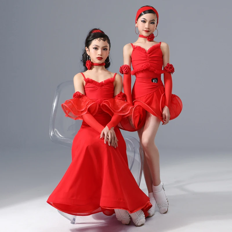 Abiti da ballo per spettacoli per bambini Abito da competizione di ballo rosso per ragazze Costume da ballo latino Abiti da ballo moderno SL8741