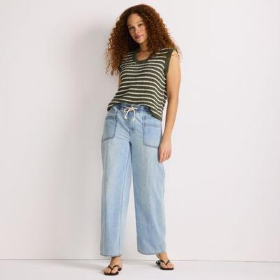 Relaxed Straight Leg Drawstring Jeans, Women, size: 12, regular, Blue, Cotton, by Lands' End