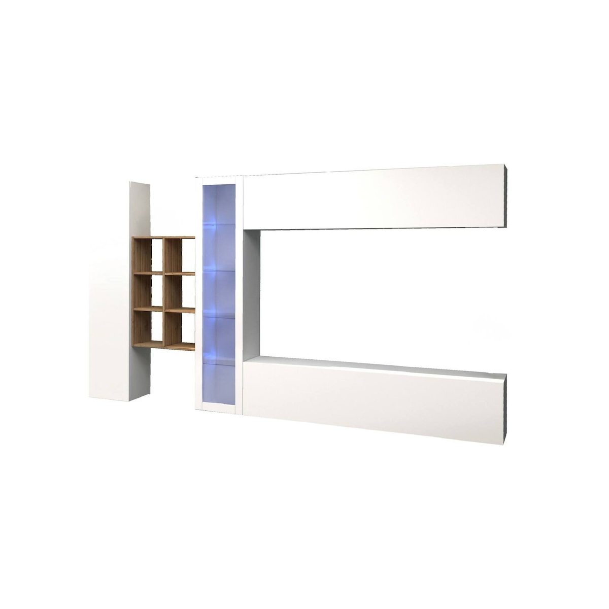 Dmora Ausgestattete Wand Dcavio, 4-türiges TV-Ständer-Wohnzimmerset mit LED-Licht, 100 % Made in Italy, 280 x 30 x 180 cm, glänzendes Weiß und Ahorn, Image