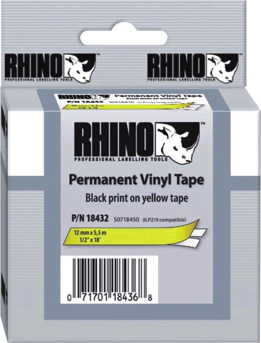 DYMO Beschriftungsband für Rhino 12mm Vinyl schwarz auf gelb Packung mit 5 Stück Image