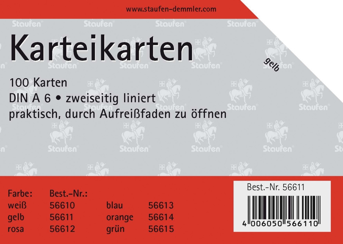 Staufen Karteikarten A6 liniert 180g/qm gelb VE=20x100 Stück Image