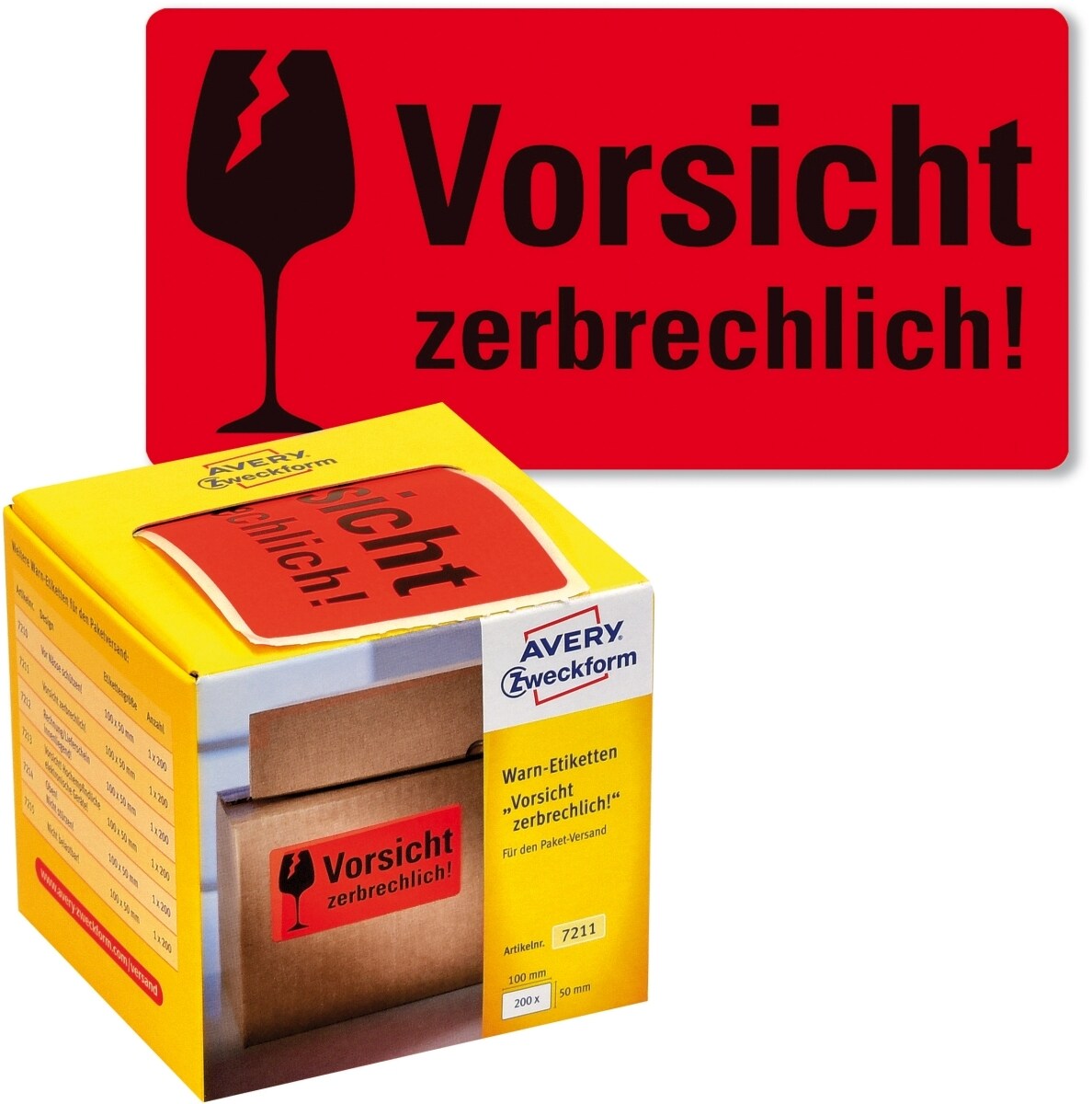 Avery Zweckform Warnetiketten Vorsicht zerbrechlich! 100x50mm neon rot VE=6x200 Stück Image