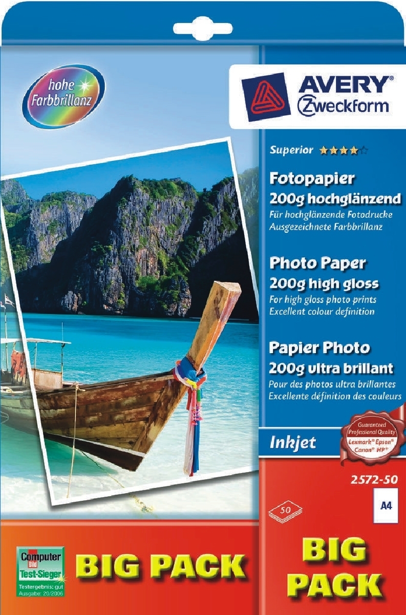 Avery Zweckform Fotopapier Inkjet A4 200g/qm hochglänzend VE=18x50 Blatt Image
