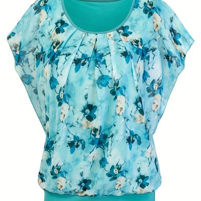 TEMU Women's Elegant Floral Print Blouse With Puff Sleeves And Pleated Front - Light Blue Round Neck Mesh Shirt For Spring/summer/fall, Summer Fashion Top | Feminine | Polyester Fabric, Ladies Blouses Image