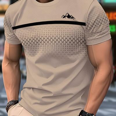 TEMU Men's Casual Graphic T-shirt With Mountain Print - Beige & Black , Regular Fit Round Neck, Machine Washable For Casual Attire Image