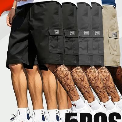 TEMU 5pcs Vintage Casual Cargo Shorts - Relaxed Fit Workwear With Large Pockets, Solid Colors (black/blue/gray), Everyday , Everyday Shorts|vintage |durable Fabric Image